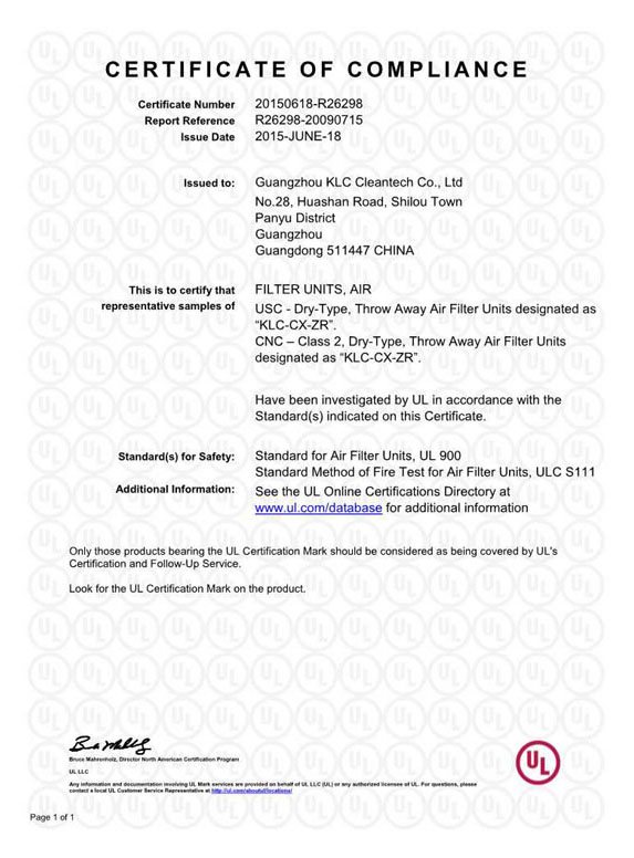 Pleated Filter-UL-Certificate of Compliance